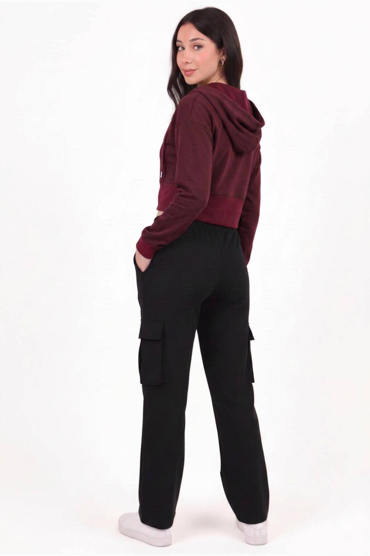 Kadın Kapşonlu Ön Fermuarlı Crop Sweat  Bordo