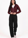 Kadın Kapşonlu Ön Fermuarlı Crop Sweat  Bordo