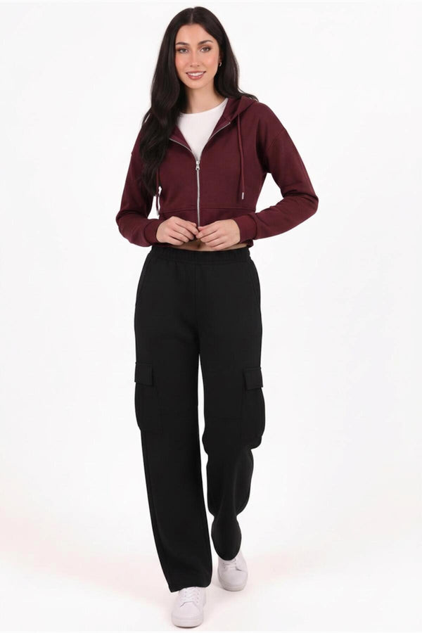 Kadın Kapşonlu Ön Fermuarlı Crop Sweat  Bordo