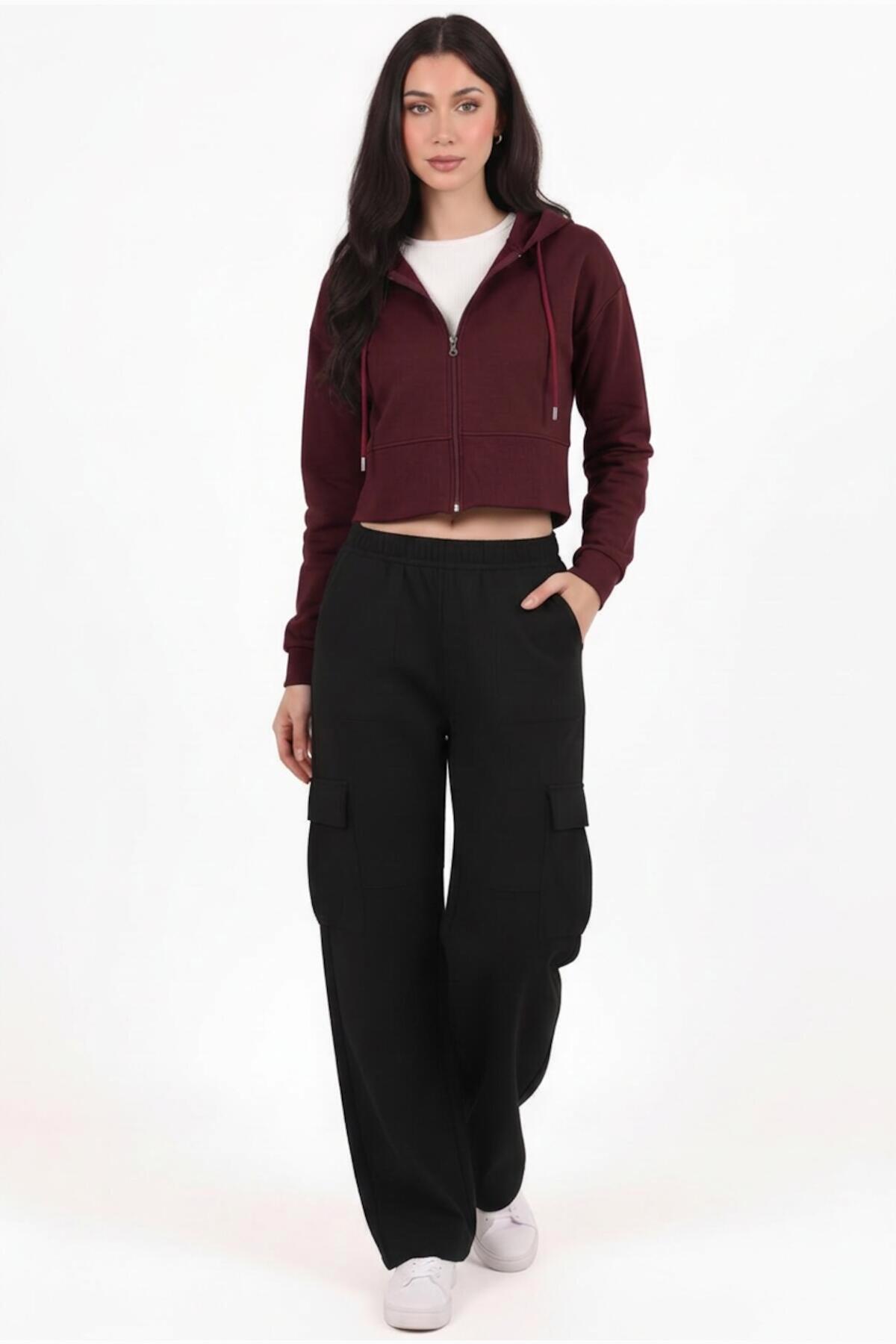 Kadın Kapşonlu Ön Fermuarlı Crop Sweat  Bordo