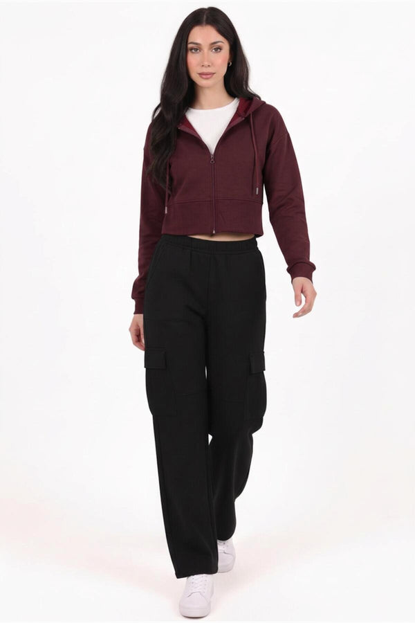 Kadın Kapşonlu Ön Fermuarlı Crop Sweat  Bordo