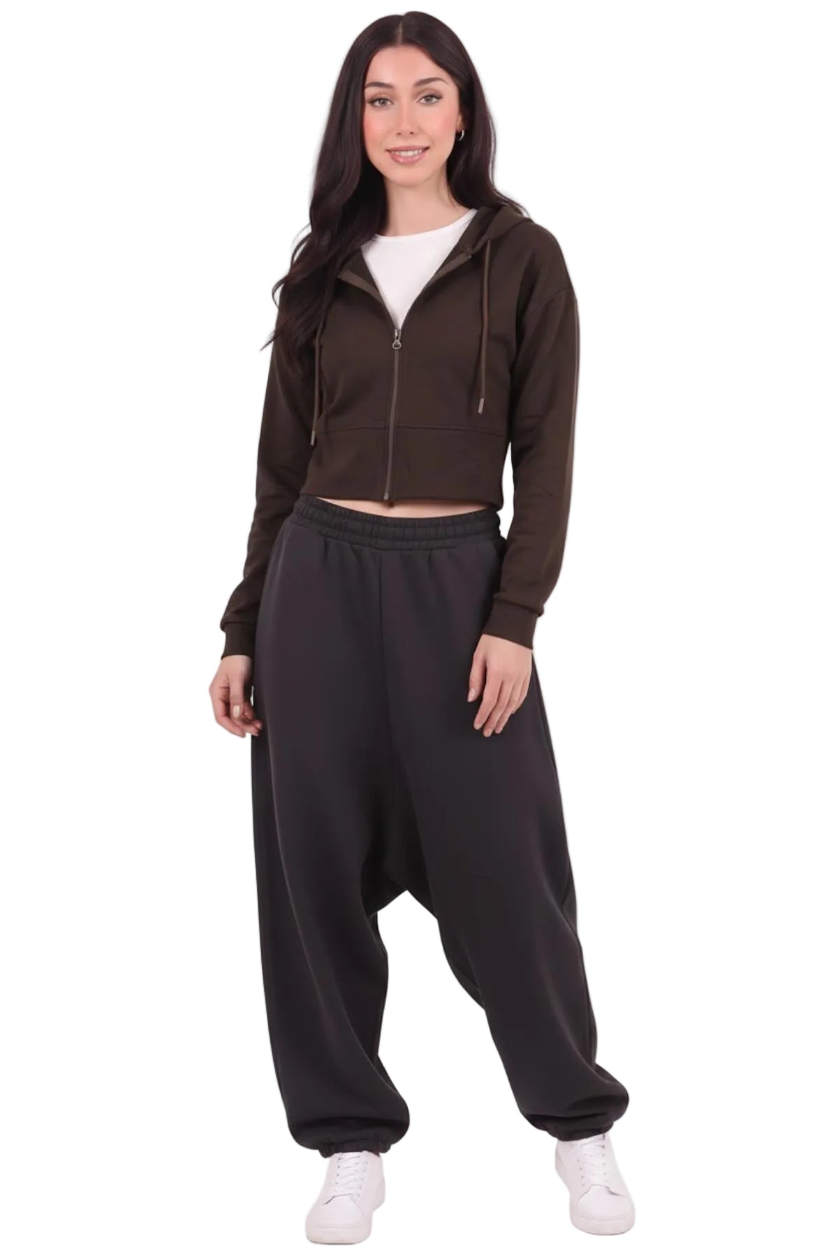 Kadın Kapşonlu Ön Fermuarlı Crop Sweat  Kahverengi