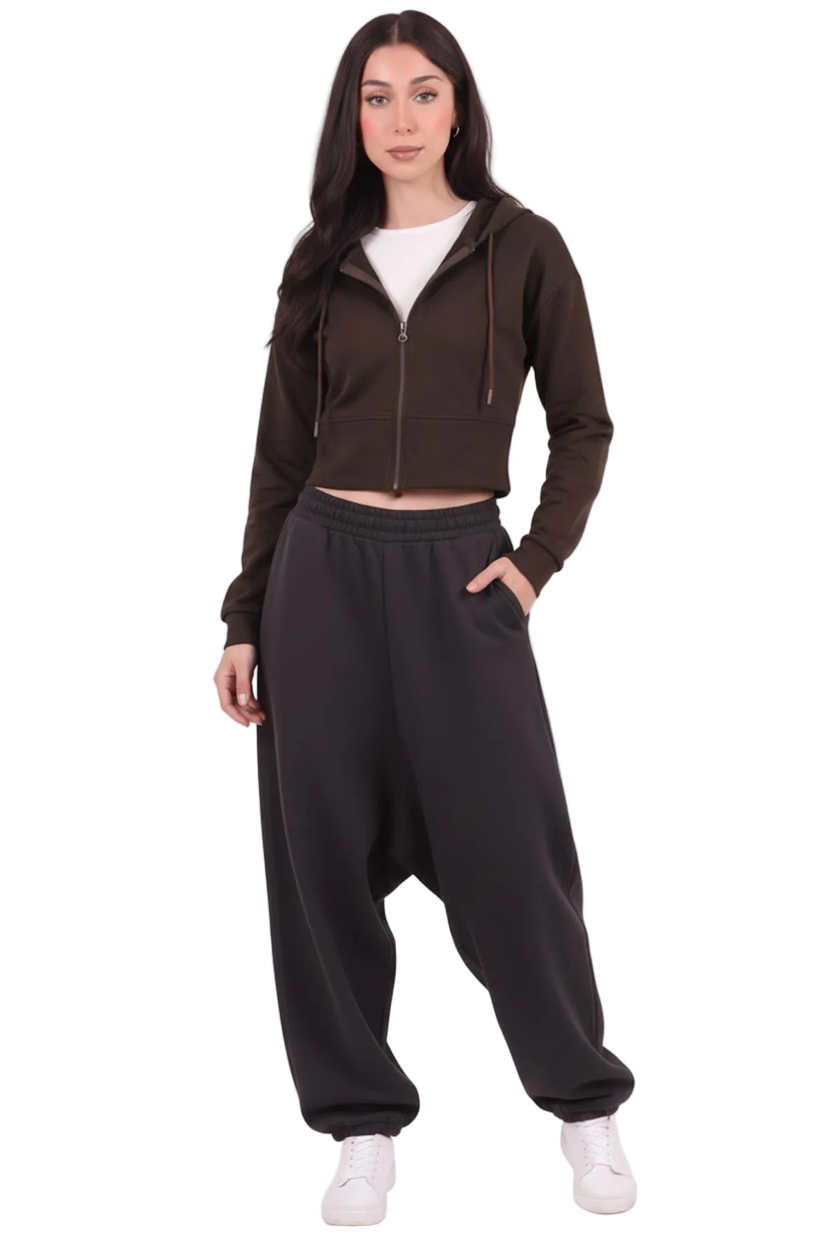 Kadın Kapşonlu Ön Fermuarlı Crop Sweat  Kahverengi