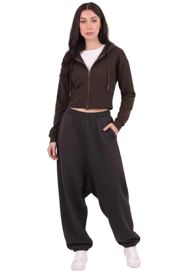 Kadın Kapşonlu Ön Fermuarlı Crop Sweat  Kahverengi