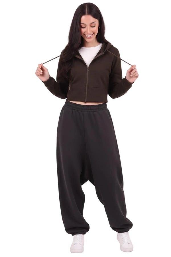 Kadın Kapşonlu Ön Fermuarlı Crop Sweat  Kahverengi