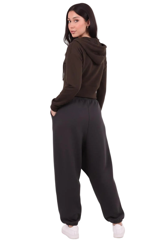 Kadın Kapşonlu Ön Fermuarlı Crop Sweat  Kahverengi