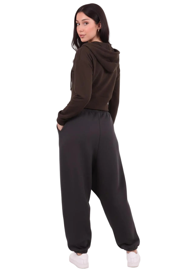 Kadın Kapşonlu Ön Fermuarlı Crop Sweat  Kahverengi