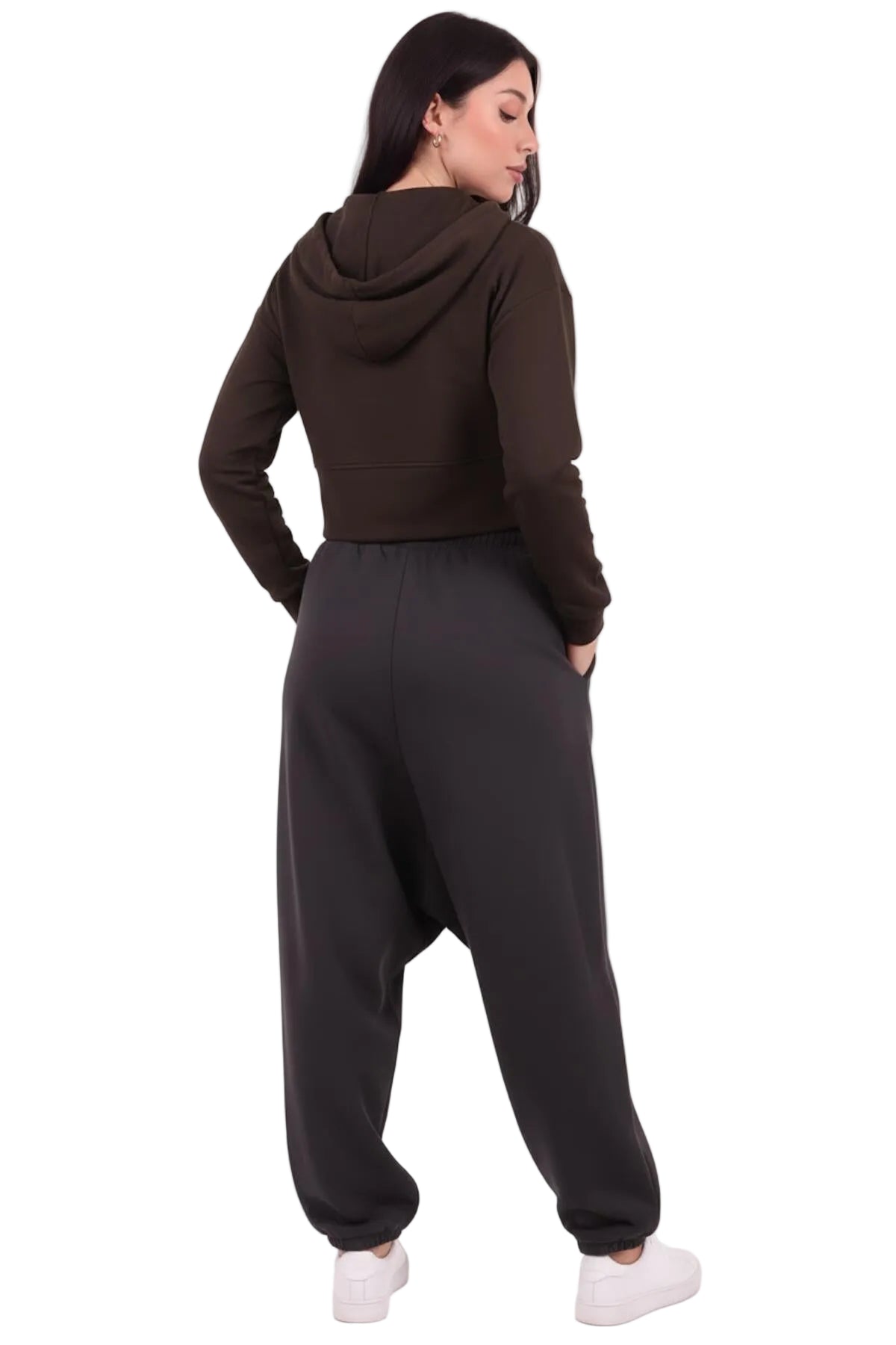 Kadın Kapşonlu Ön Fermuarlı Crop Sweat  Kahverengi