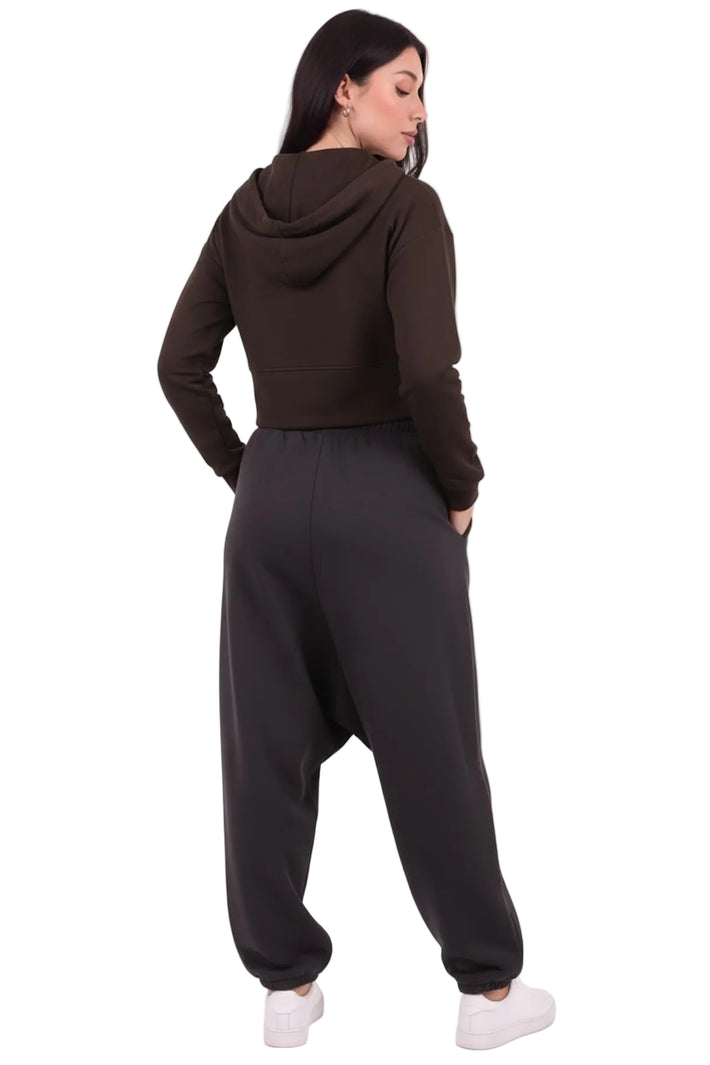 Kadın Kapşonlu Ön Fermuarlı Crop Sweat  Kahverengi