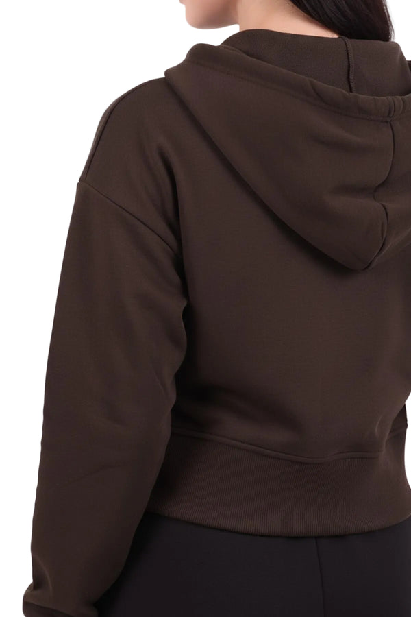 Kadın Kapşonlu Ön Fermuarlı Crop Sweat  Kahverengi