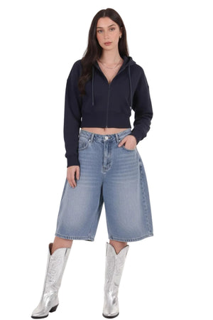 Kadın Fermuarlı Crop Sweat  Lacivert