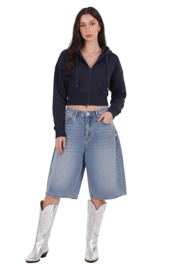 Kadın Fermuarlı Crop Sweat  Lacivert