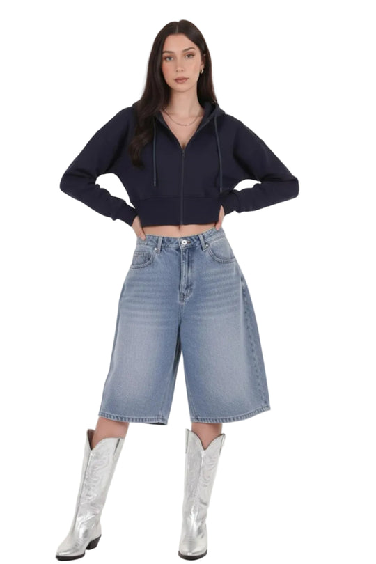 Kadın Fermuarlı Crop Sweat  Lacivert