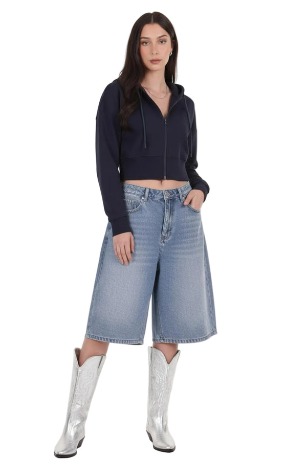 Kadın Fermuarlı Crop Sweat  Lacivert