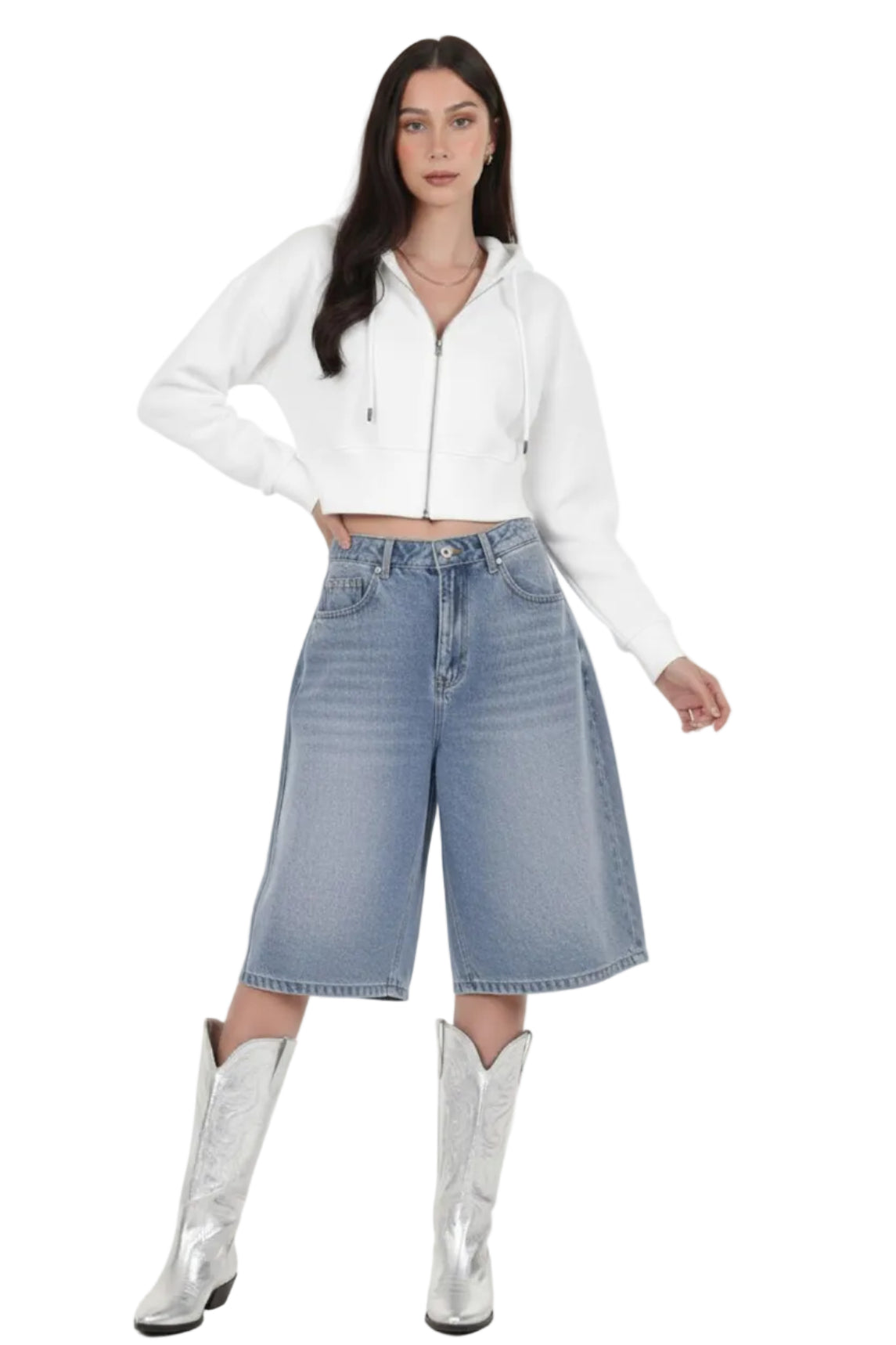 Kadın Fermuarlı Crop Sweat  Ekru