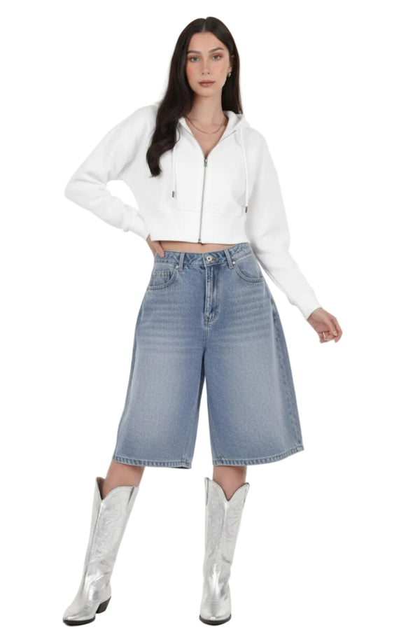 Kadın Fermuarlı Crop Sweat  Ekru