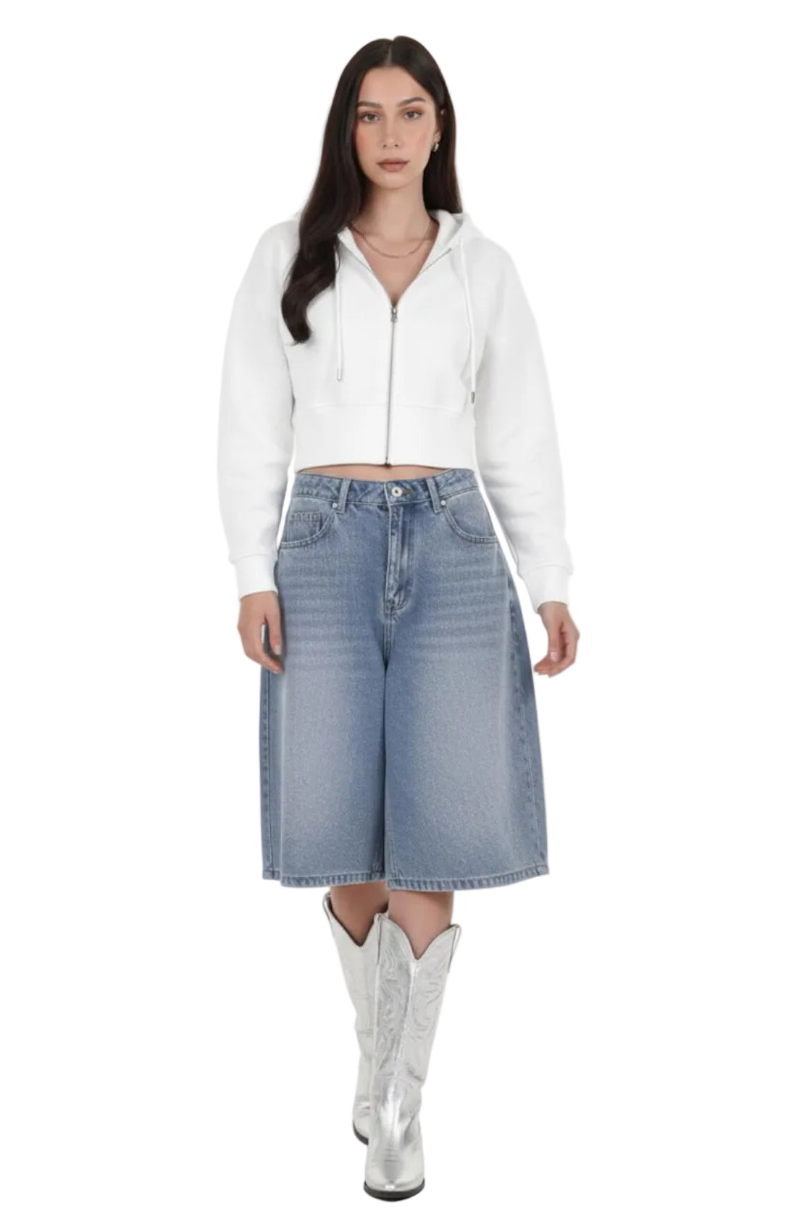Kadın Fermuarlı Crop Sweat  Ekru