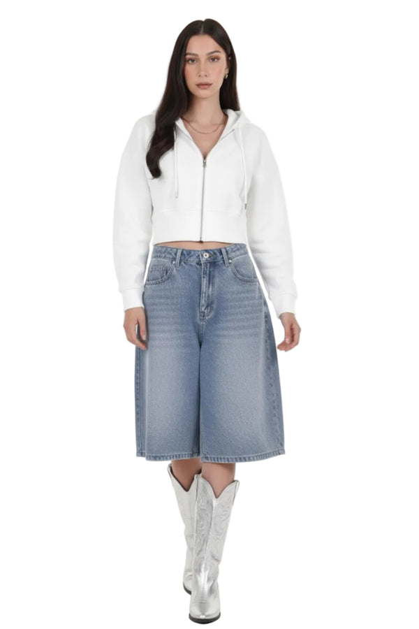 Kadın Fermuarlı Crop Sweat  Ekru
