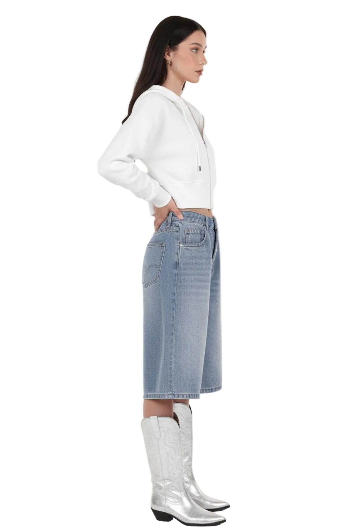 Kadın Fermuarlı Crop Sweat  Ekru