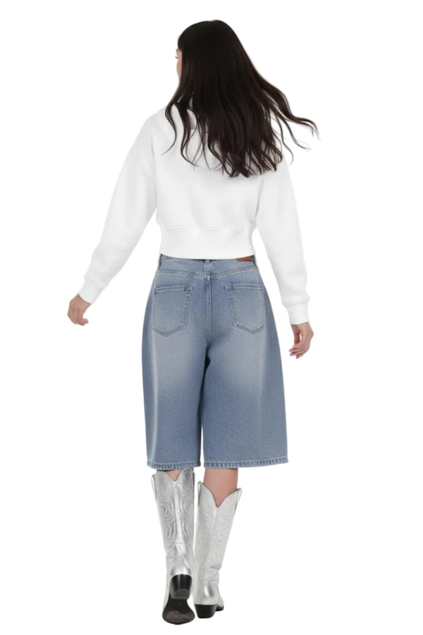 Kadın Fermuarlı Crop Sweat  Ekru