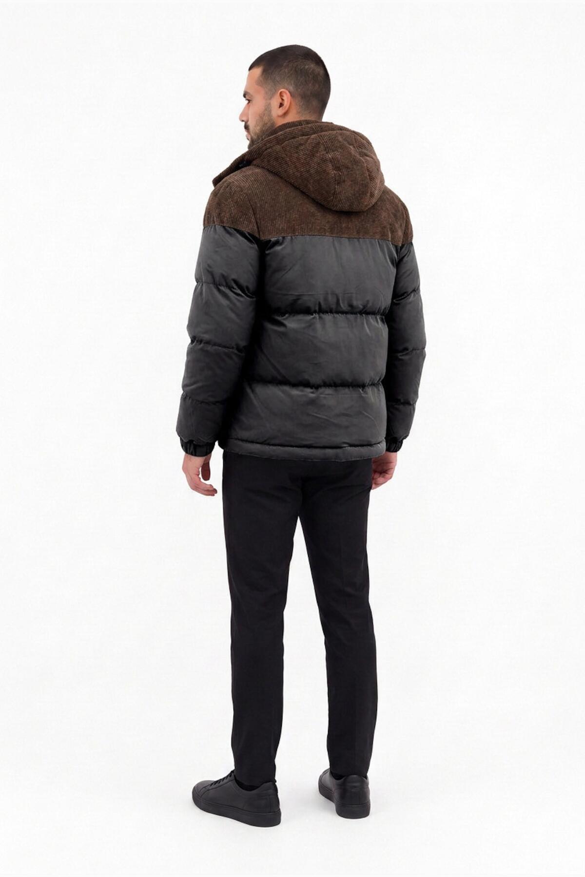Erkek Kapşonu Kadife Şişme Mont  Siyah