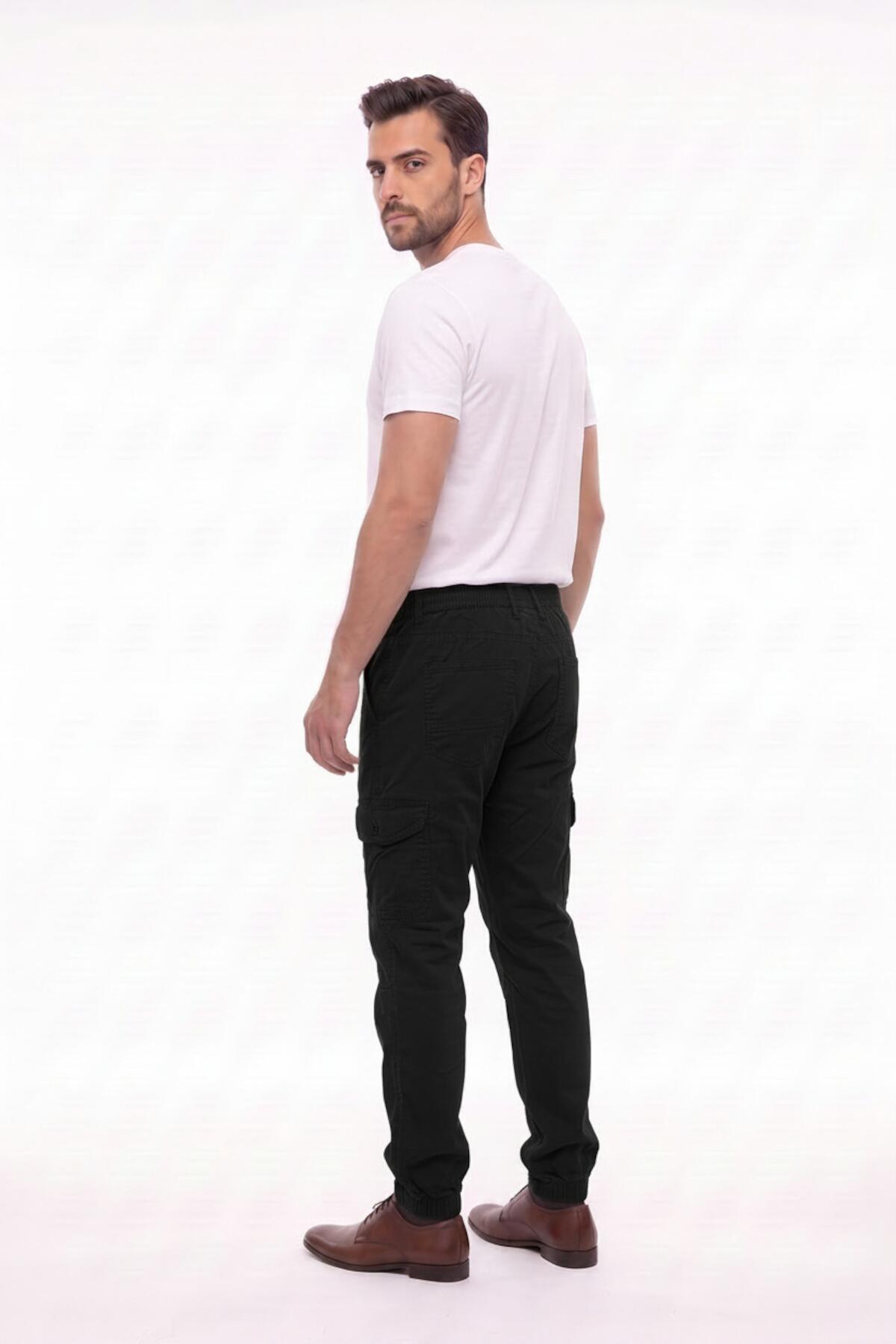 Erkek Bel Paça Lastikli Kargo Cep Pantolon  Siyah