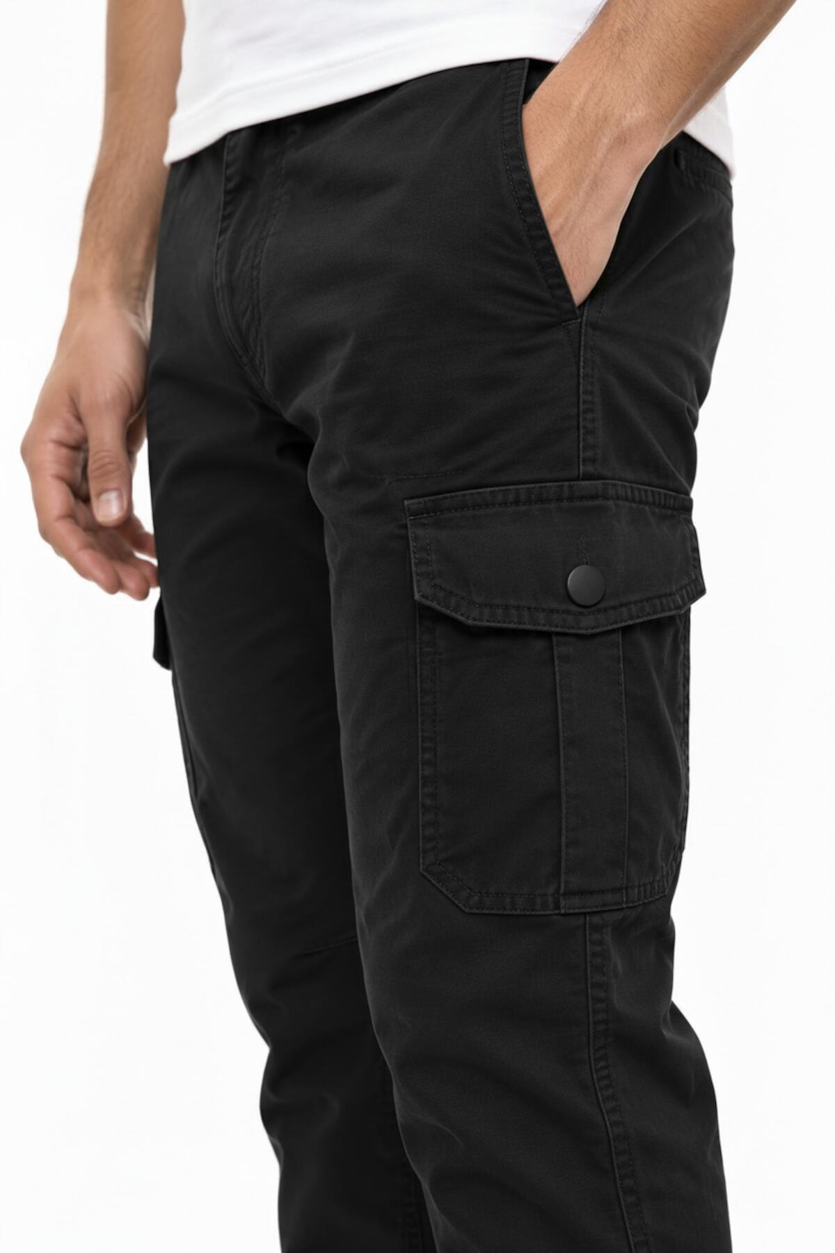 Erkek Bel Paça Lastikli Kargo Cep Pantolon  Siyah