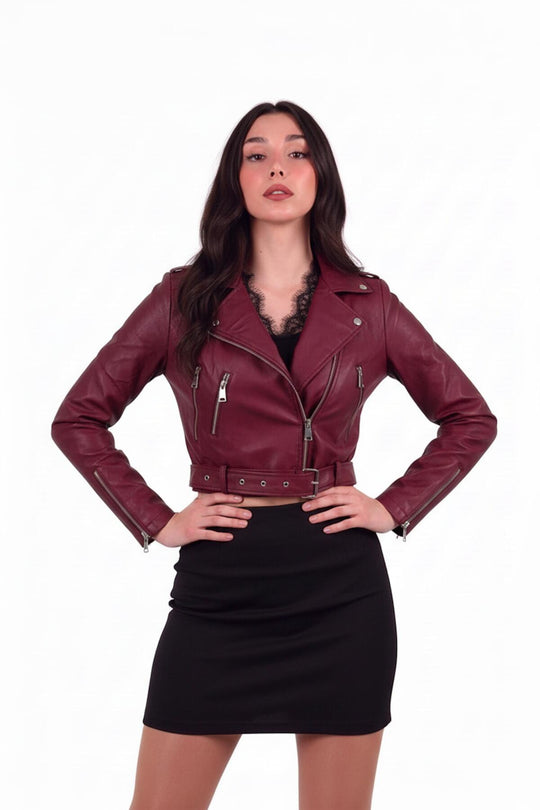 Kadın Fermuar Detay Kısa Deri Ceket  Bordo