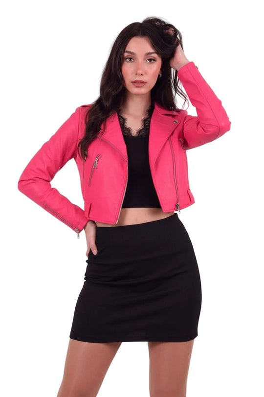 Kadın Fermuar Detay Kısa Deri Ceket  Pembe
