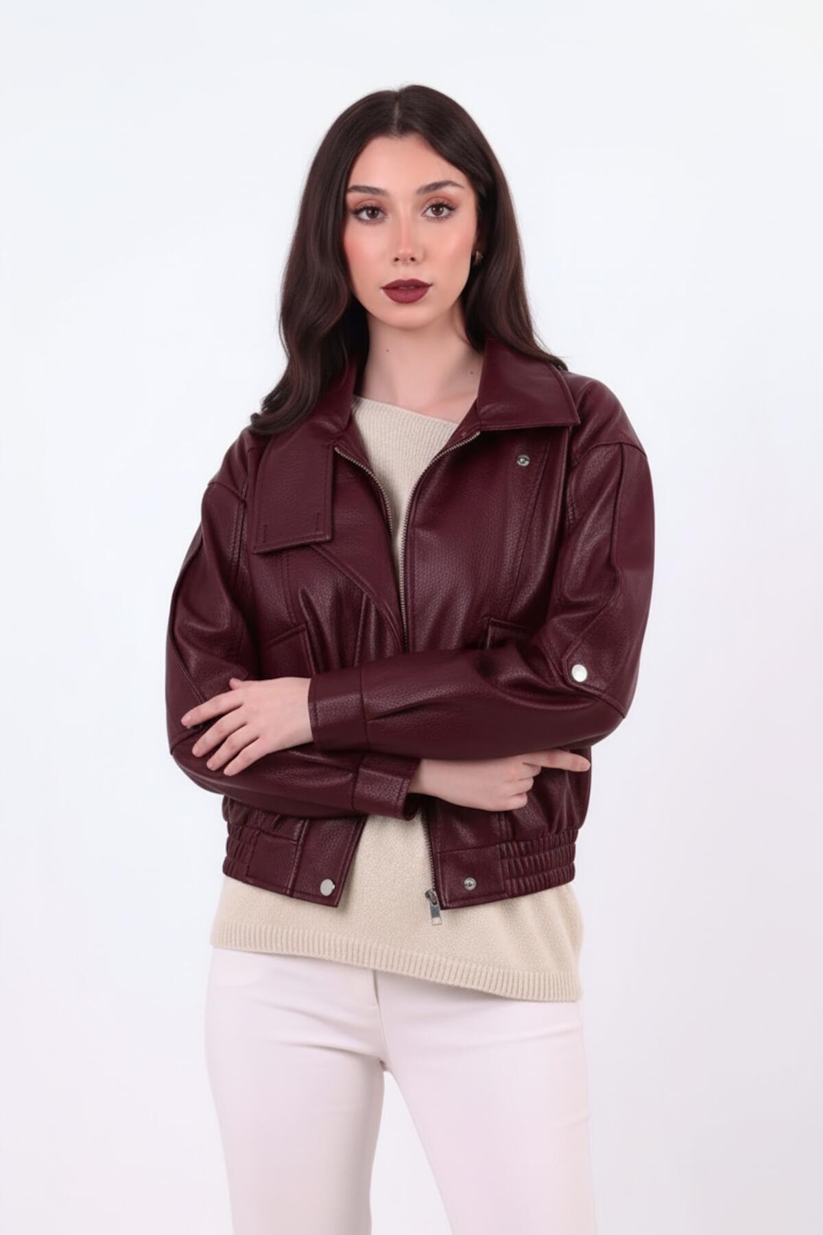 Kadın Bel Lastikli Deri Ceket  Bordo