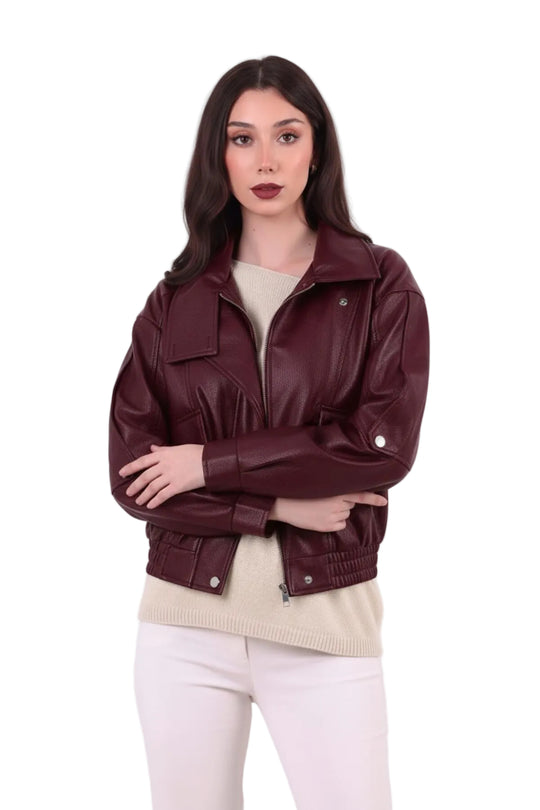 Kadın Bel Lastikli Deri Ceket  Bordo
