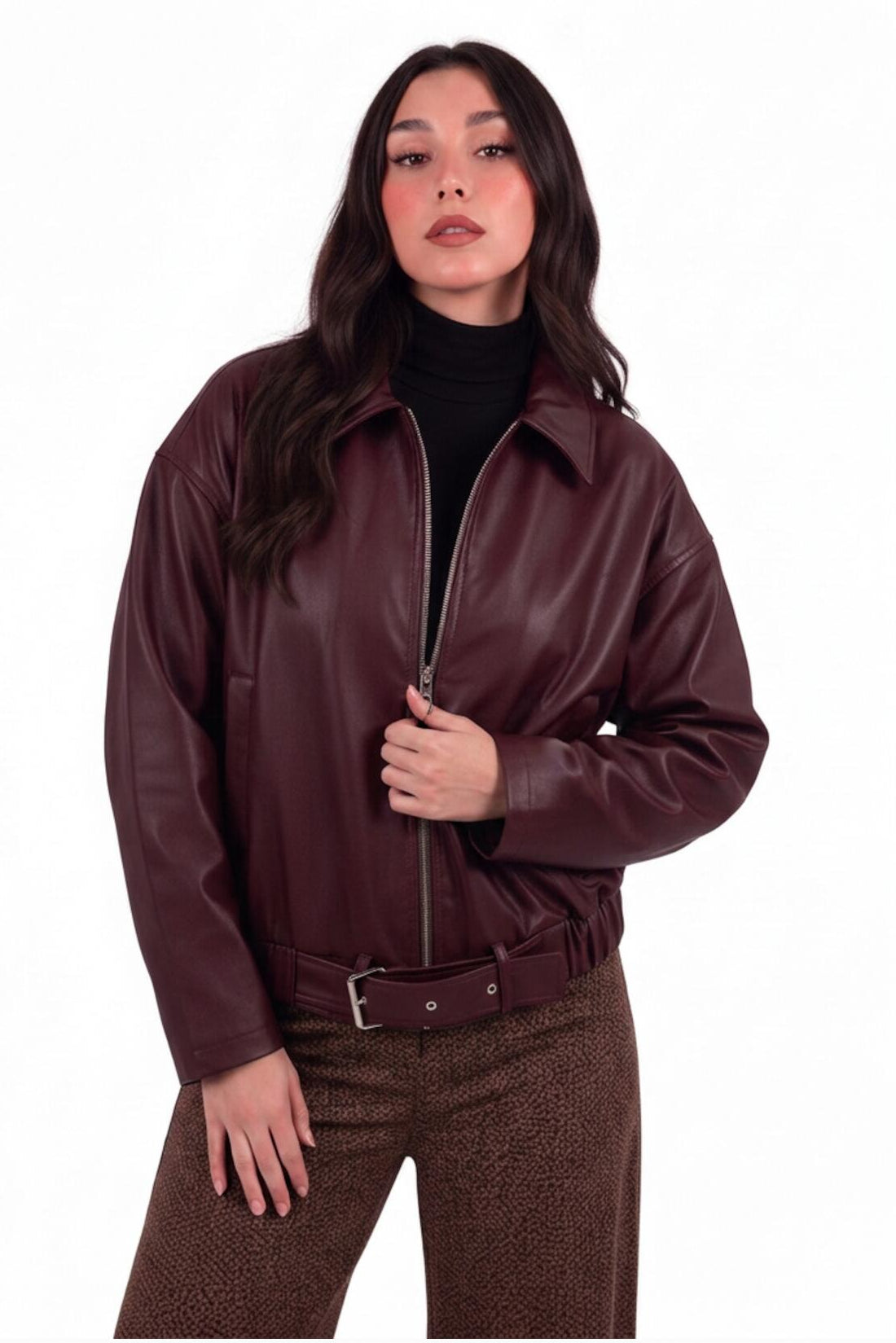 Kadın Beli Kemerli Deri Ceket  Bordo