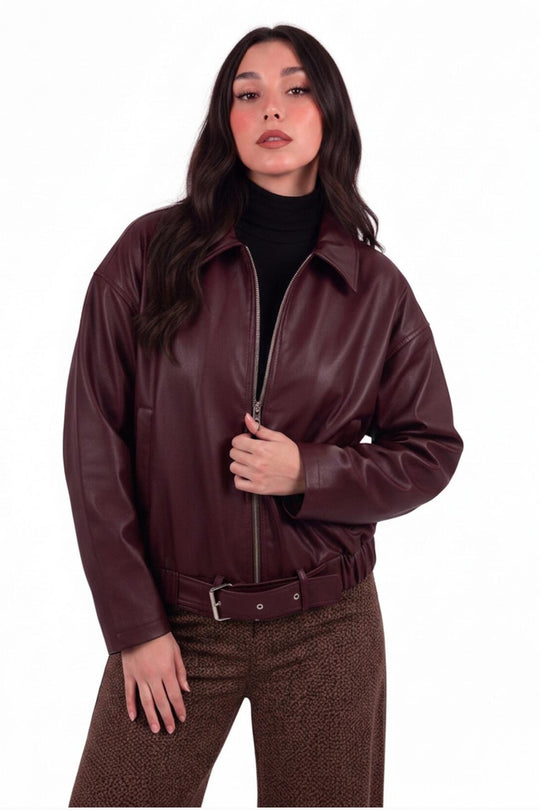 Kadın Beli Kemerli Deri Ceket  Bordo