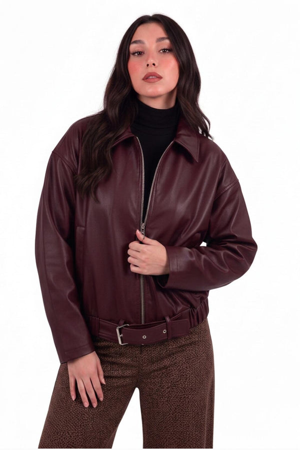 Kadın Beli Kemerli Deri Ceket  Bordo