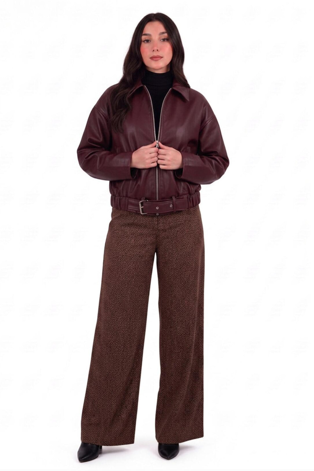 Kadın Beli Kemerli Deri Ceket  Bordo