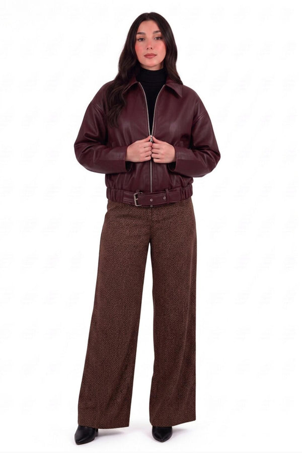 Kadın Beli Kemerli Deri Ceket  Bordo