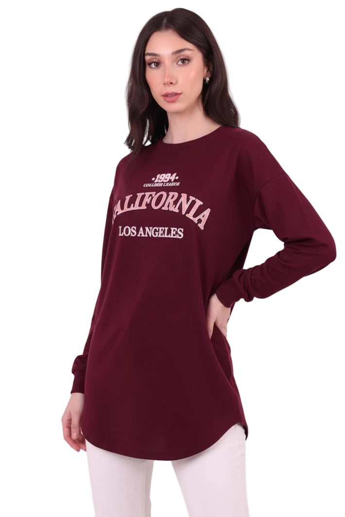 Kadın Eteği Oval 2Iplik Californıa Yazılı Sweat  Bordo