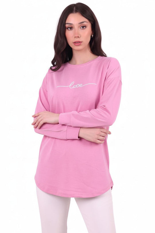 Kadın Eteği Oval 2Iplik Love Baskılı Sweat  Pembe