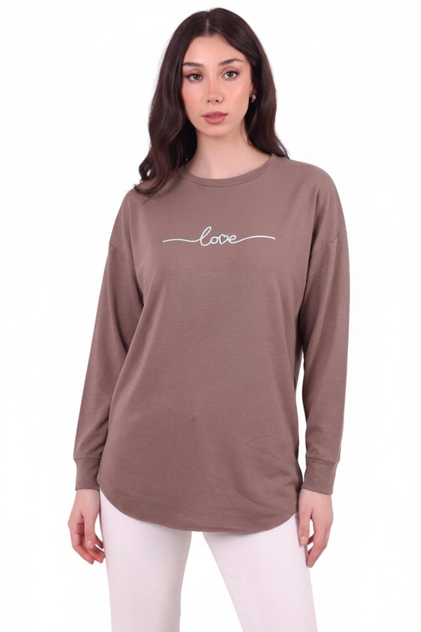 Kadın Eteği Oval 2Iplik Love Baskılı Sweat  Vizon