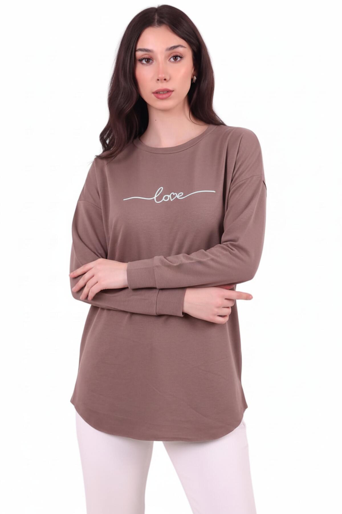 Kadın Eteği Oval 2Iplik Love Baskılı Sweat  Vizon