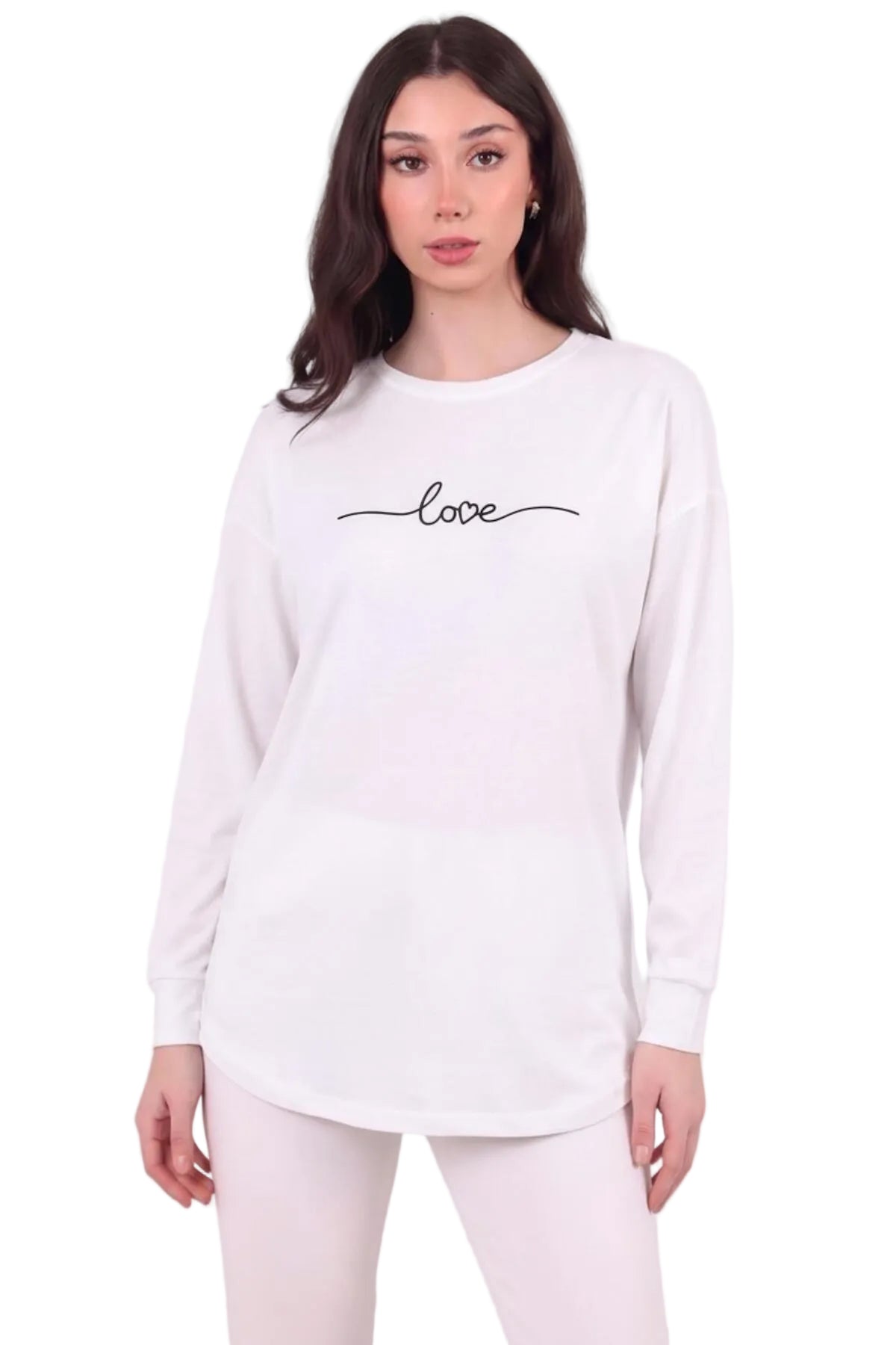 Kadın Eteği Oval 2Iplik Love Baskılı Sweat  Beyaz
