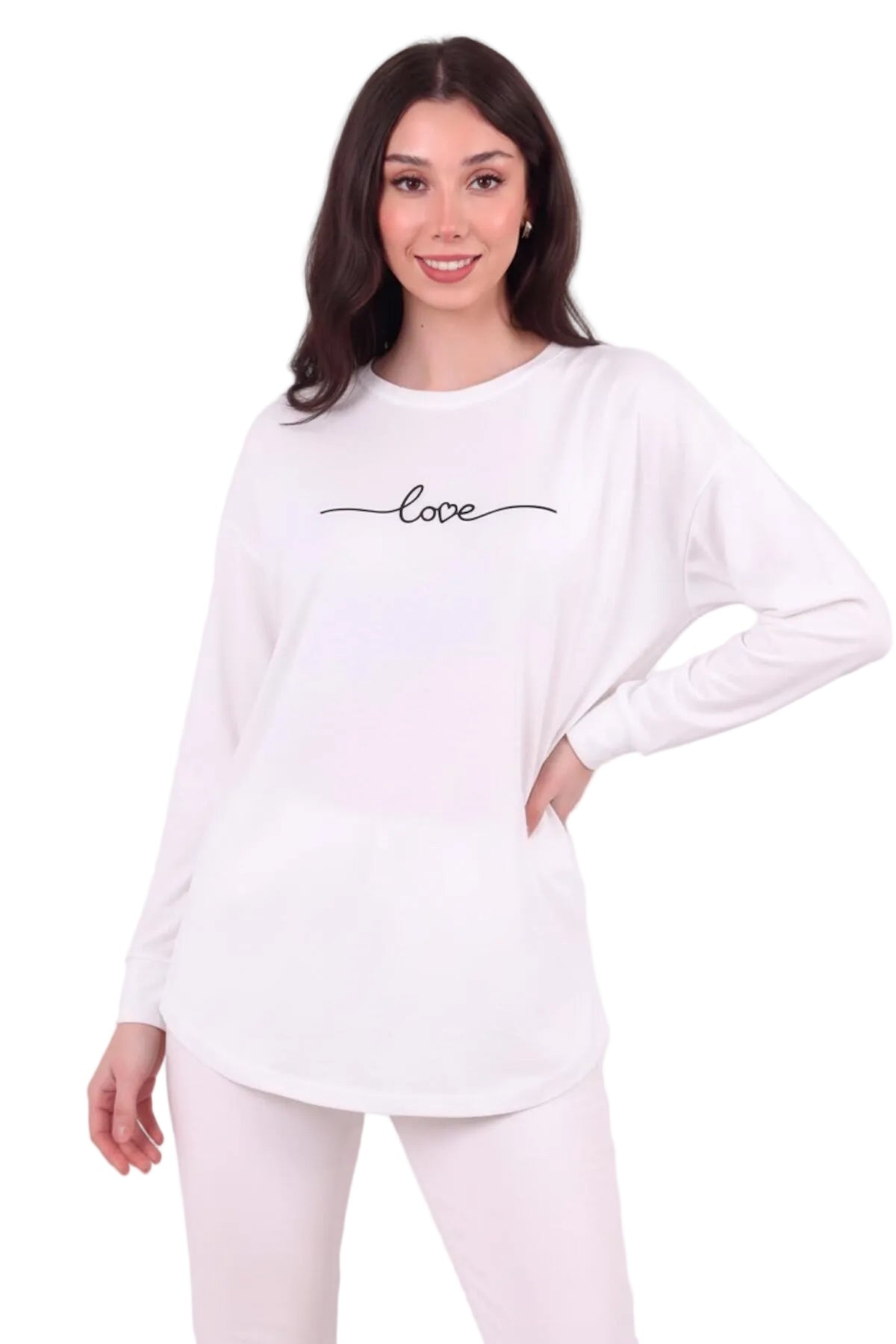 Kadın Eteği Oval 2Iplik Love Baskılı Sweat  Beyaz
