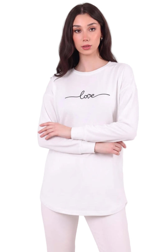 Kadın Eteği Oval 2Iplik Love Baskılı Sweat  Beyaz