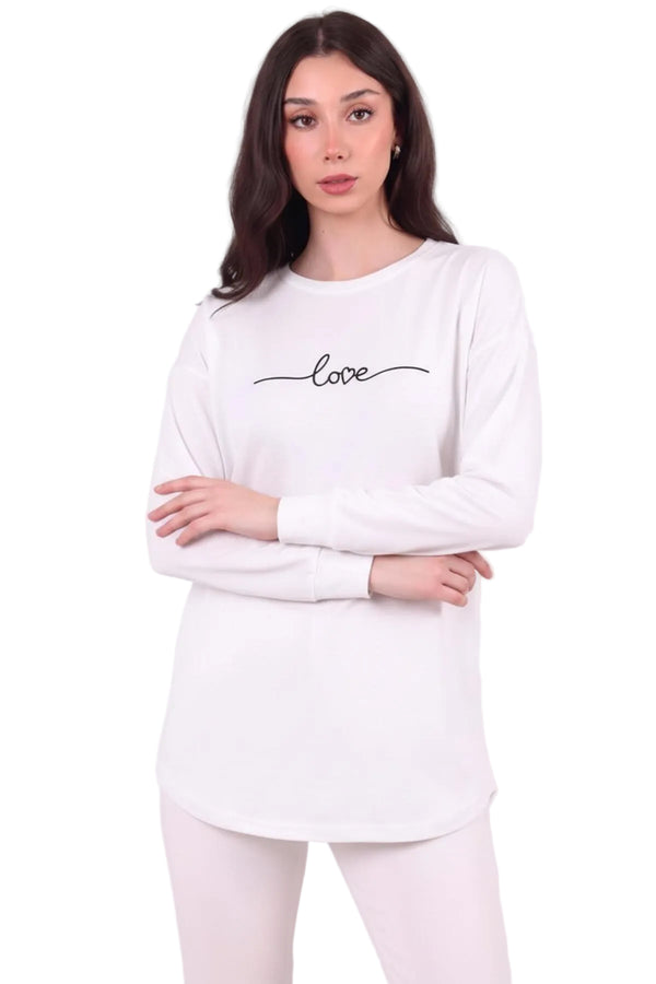 Kadın Eteği Oval 2Iplik Love Baskılı Sweat  Beyaz