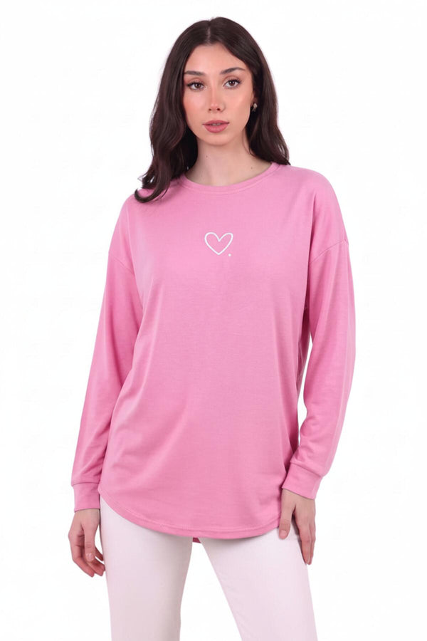 Kadın Eteği Oval 2Iplik Kalp Baskılı Sweat  Pembe