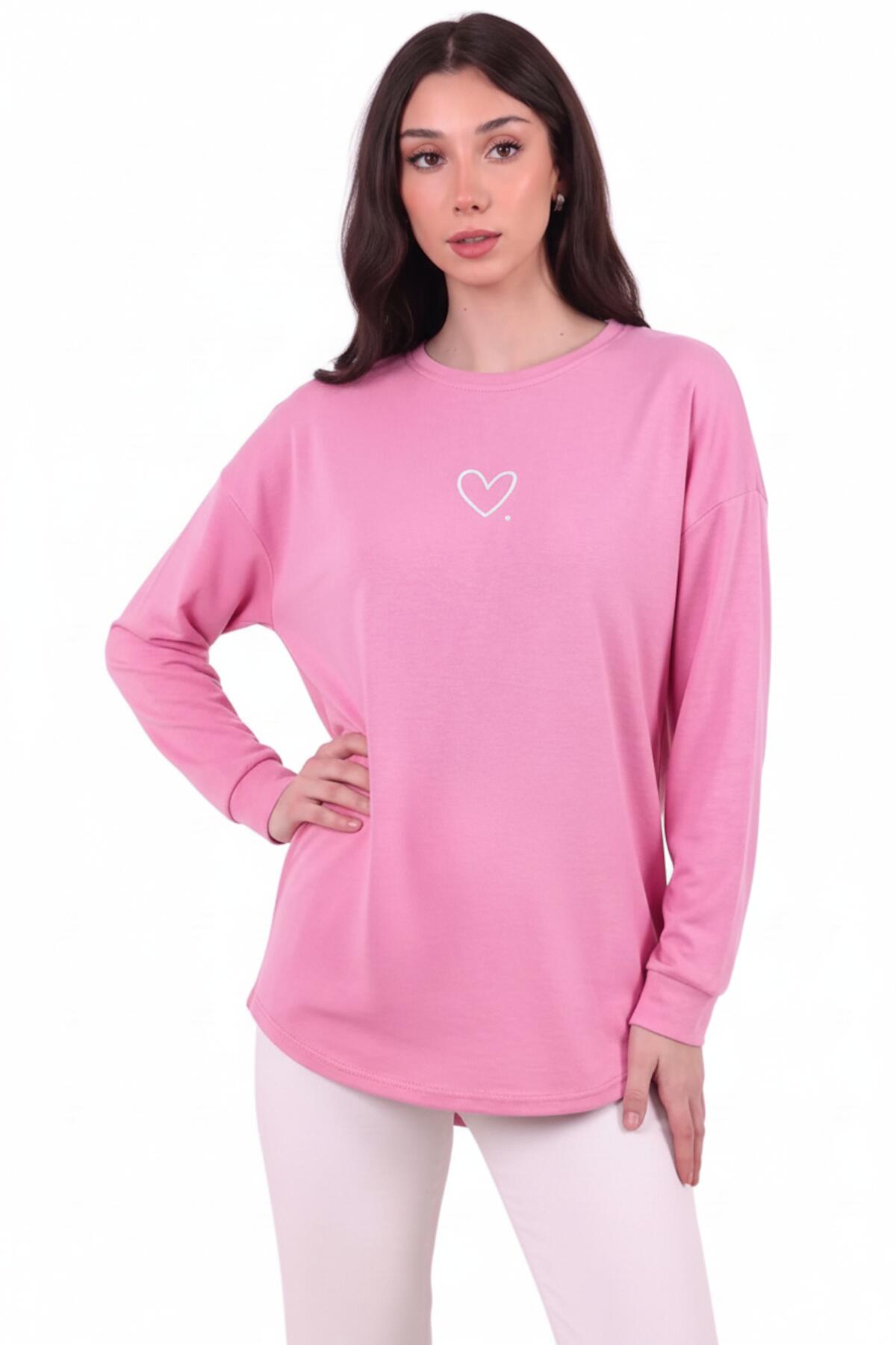 Kadın Eteği Oval 2Iplik Kalp Baskılı Sweat  Pembe