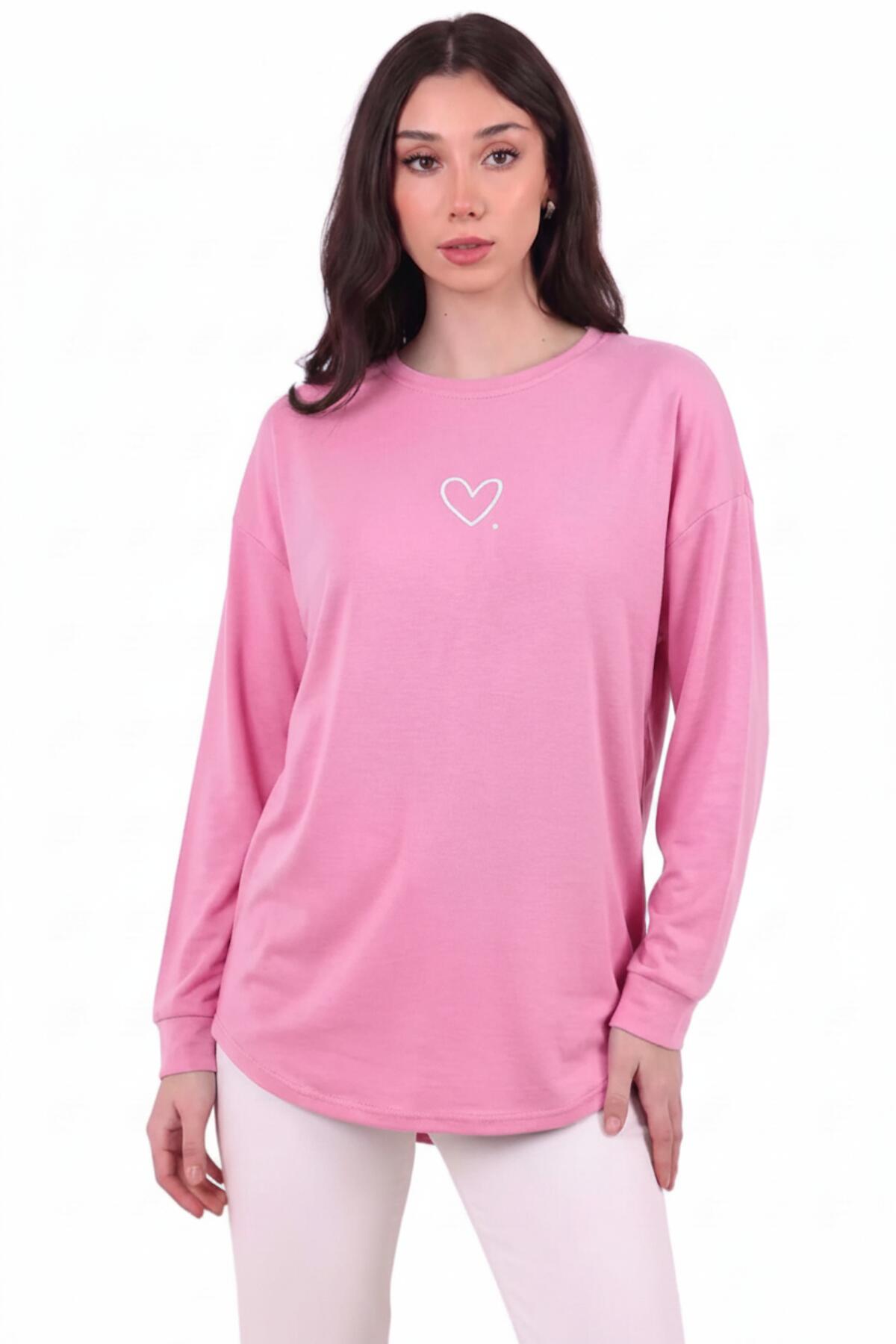 Kadın Eteği Oval 2Iplik Kalp Baskılı Sweat  Pembe
