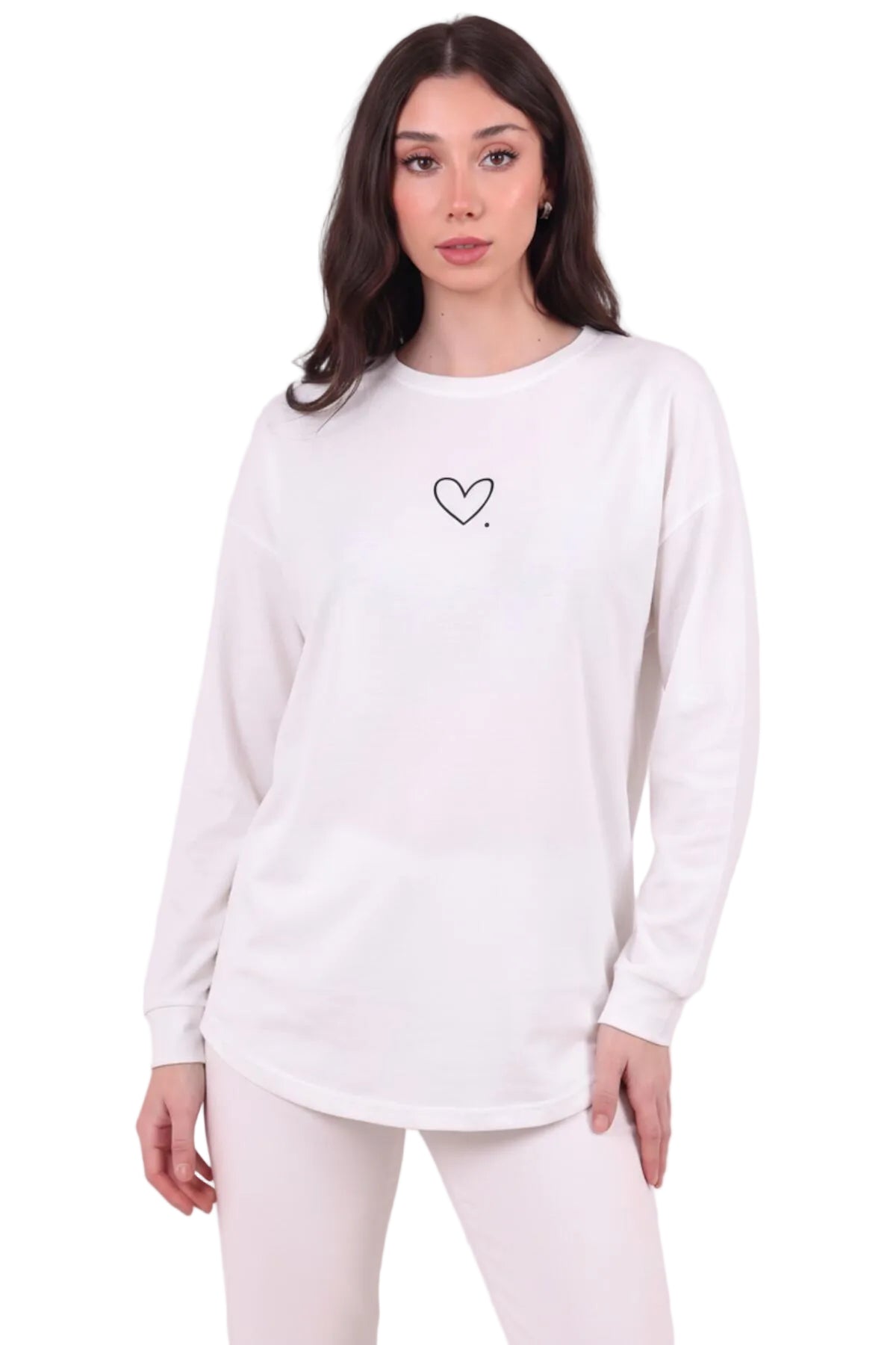 Kadın Eteği Oval 2Iplik Kalp Baskılı Sweat  Beyaz