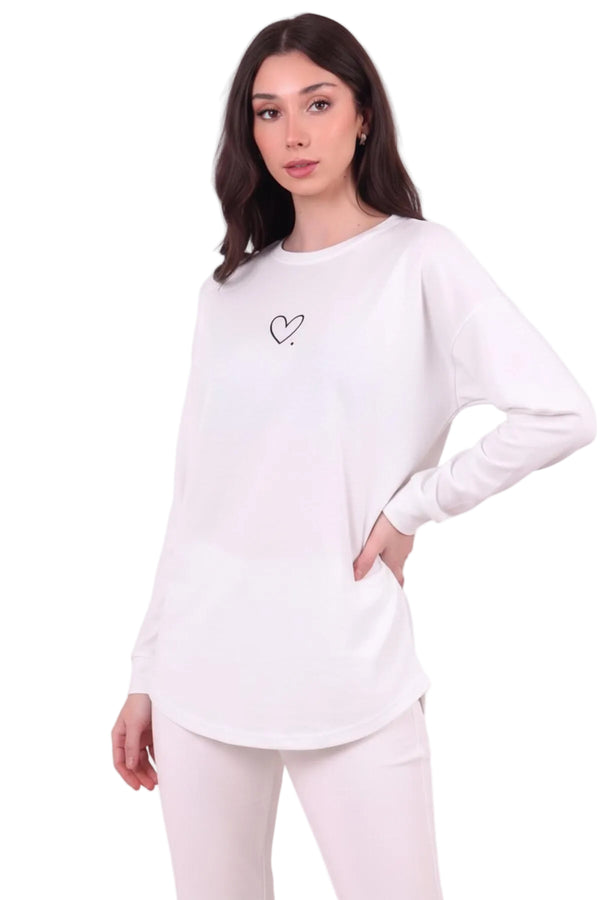 Kadın Eteği Oval 2Iplik Kalp Baskılı Sweat  Beyaz