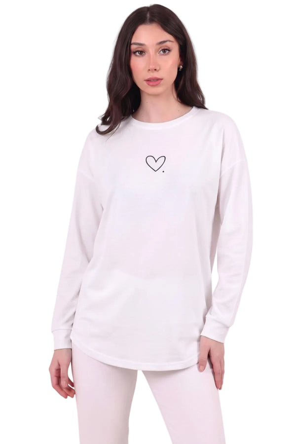 Kadın Eteği Oval 2Iplik Kalp Baskılı Sweat  Beyaz